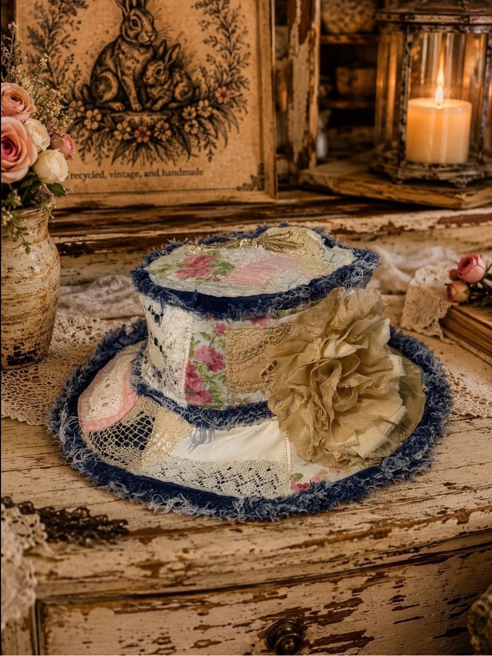 NWT Shabby Chic Rose Garden Scrappy Hat-Handmade